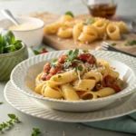 Pasta e Fagioli with Ditalini pasta, beans, and pancetta in a tomato broth