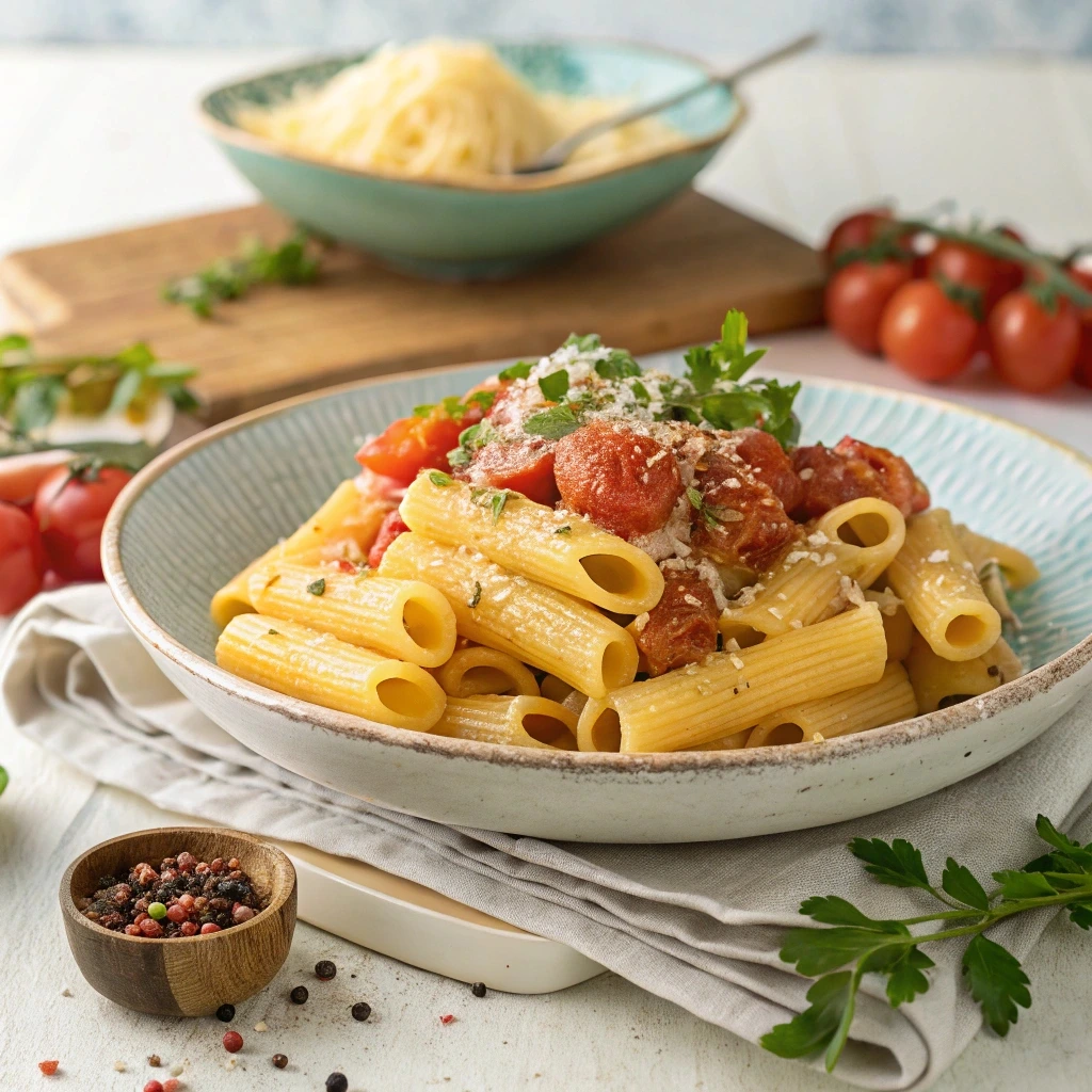 A bowl of Minestrone soup with Ditalini pasta, beans, and fresh herbs