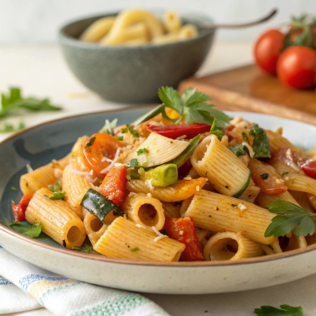 Mediterranean Ditalini pasta salad with olives, tomatoes, and feta cheese