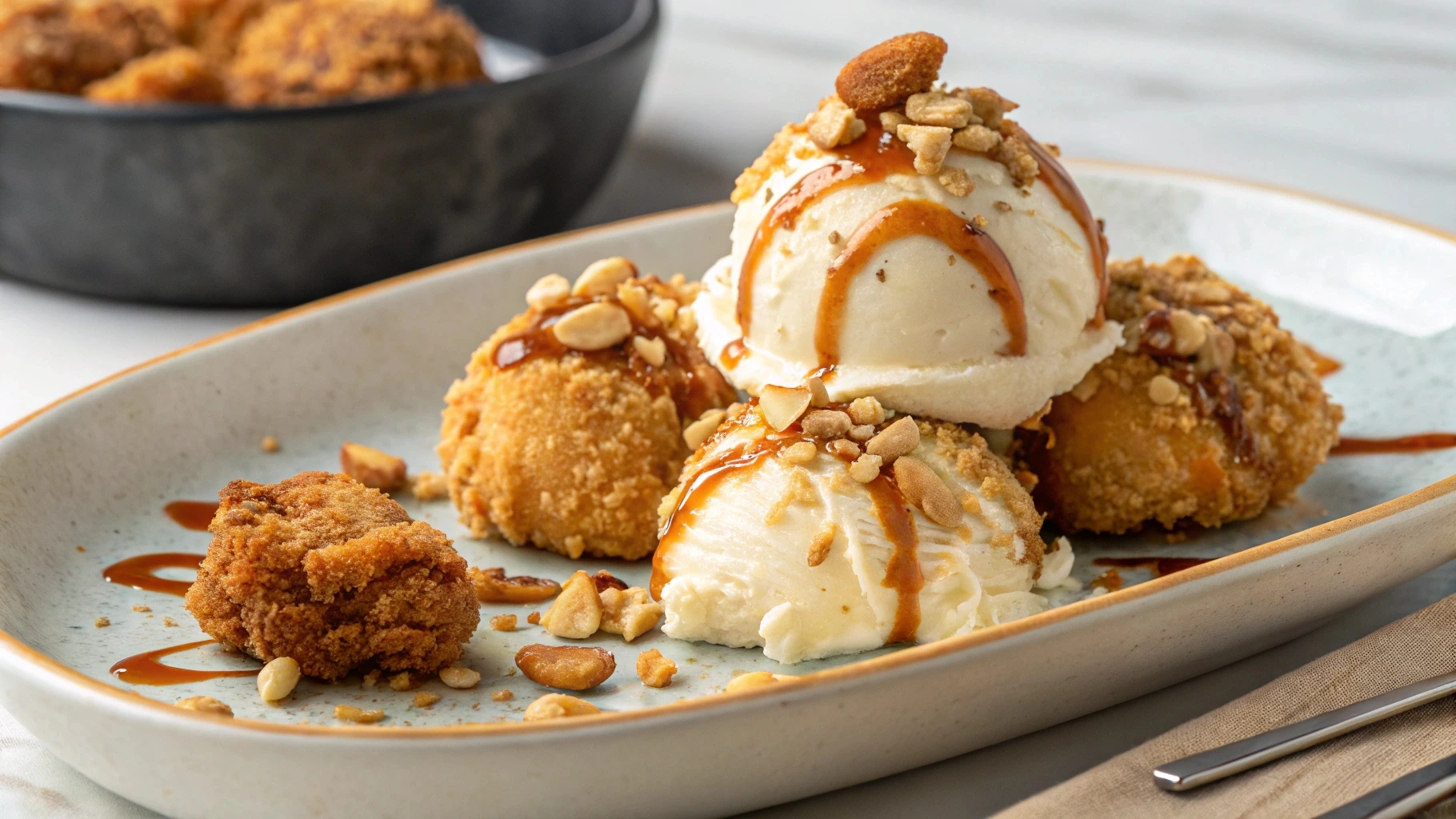 A realistic fried chicken ice cream dessert with a crispy coating and creamy ice cream interior.