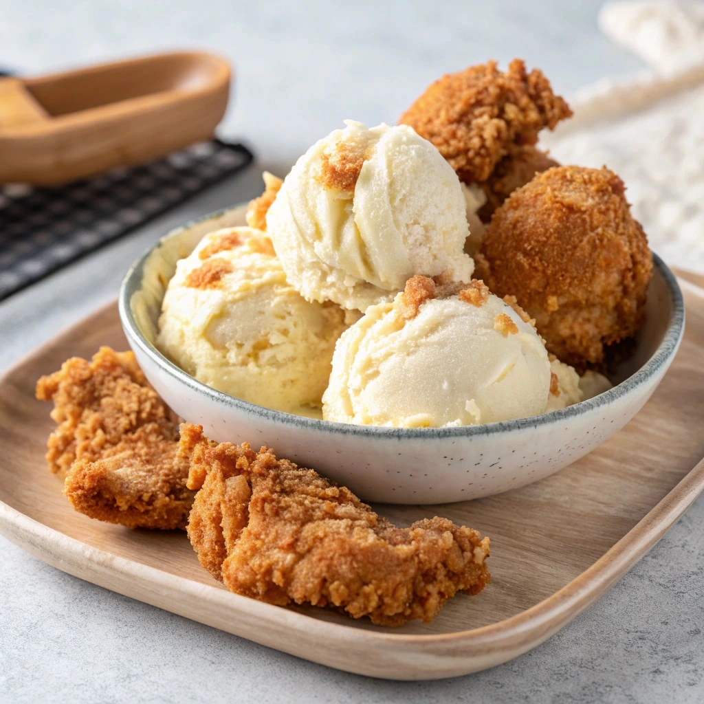 Steps showing the shaping and coating process for fried chicken ice cream.