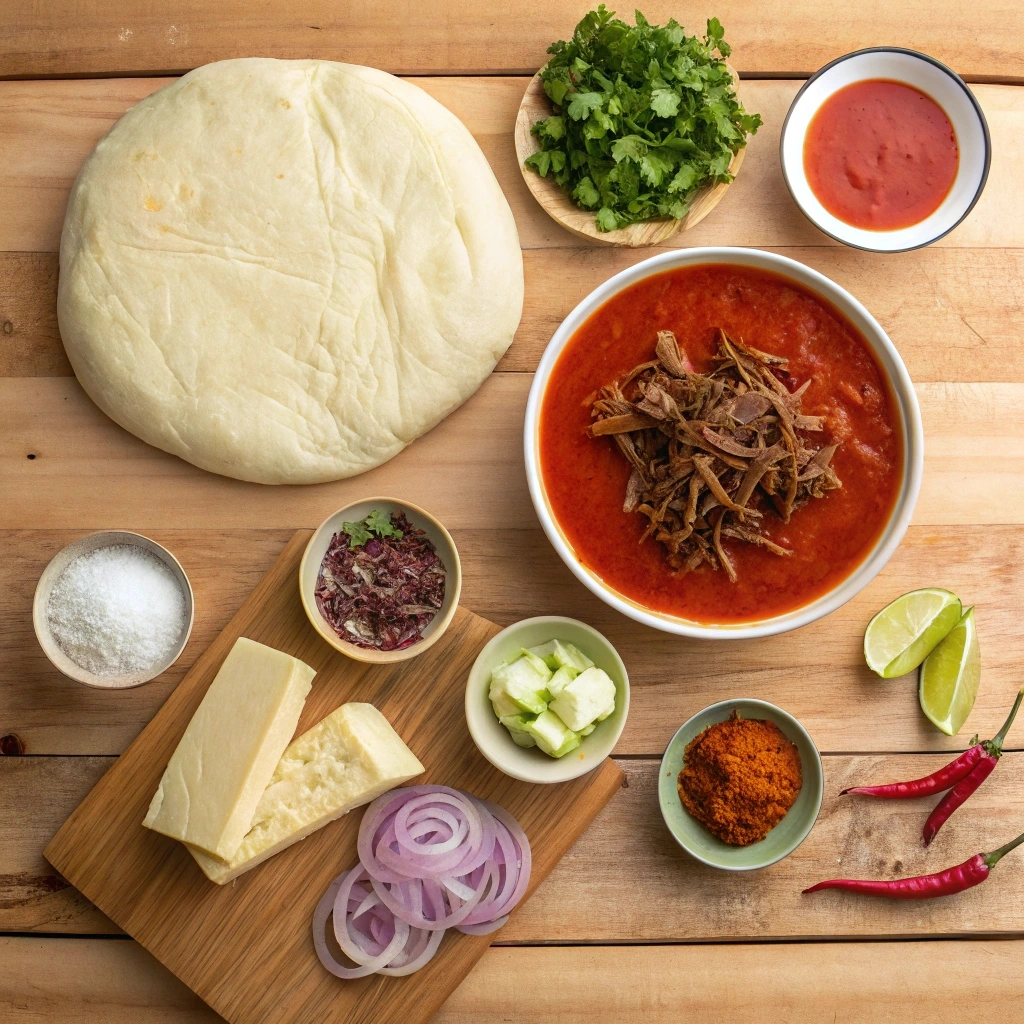 Ingredients for birria pizza, including fresh pizza dough, shredded birria meat, Oaxaca cheese, cilantro, onions, lime, and spices