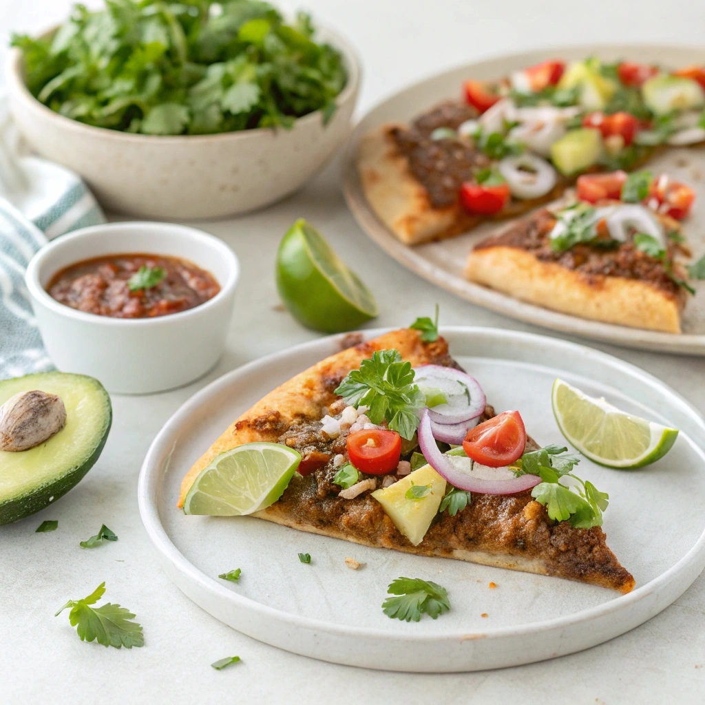 A visually appealing image of a birria pizza slice on a plate, surrounded by healthy toppings like fresh cilantro, chopped onions, and lime wedges. The pizza is paired with a small bowl of consommé and a side salad with colorful greens, cherry tomatoes, and avocado slices. The setting is clean and inviting, with natural light emphasizing the freshness of the ingredients, showcasing the balance between indulgence and nutrition.