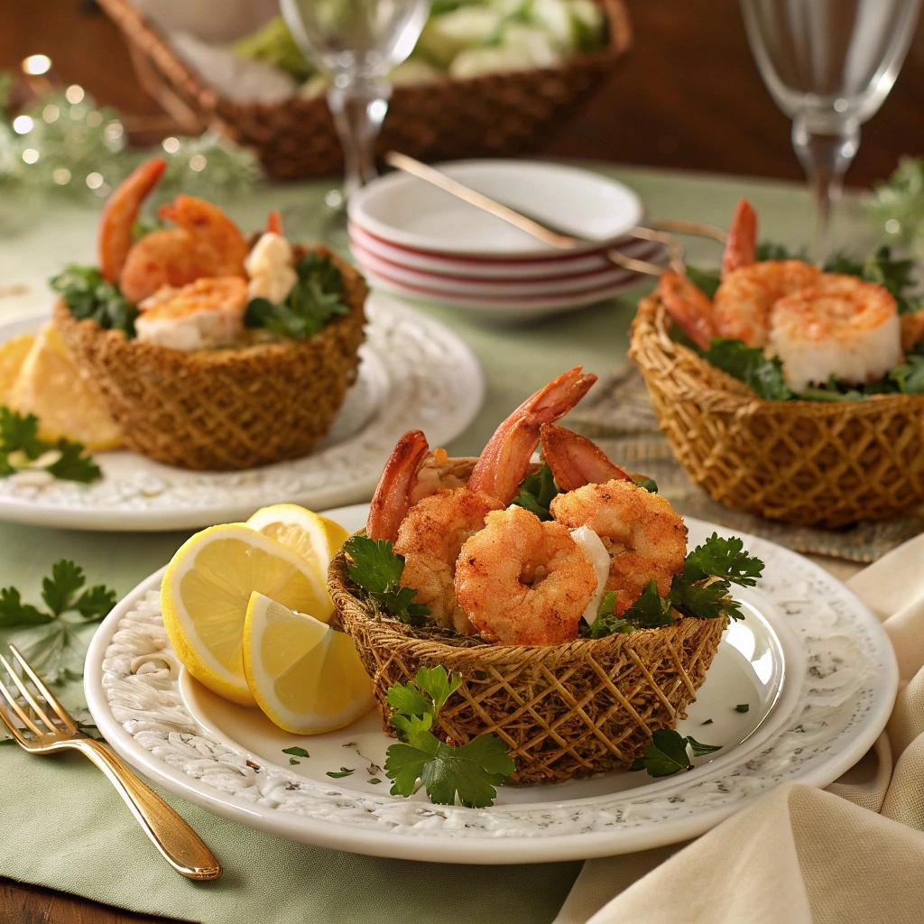 Cajun-style shrimp basket with corn and fries