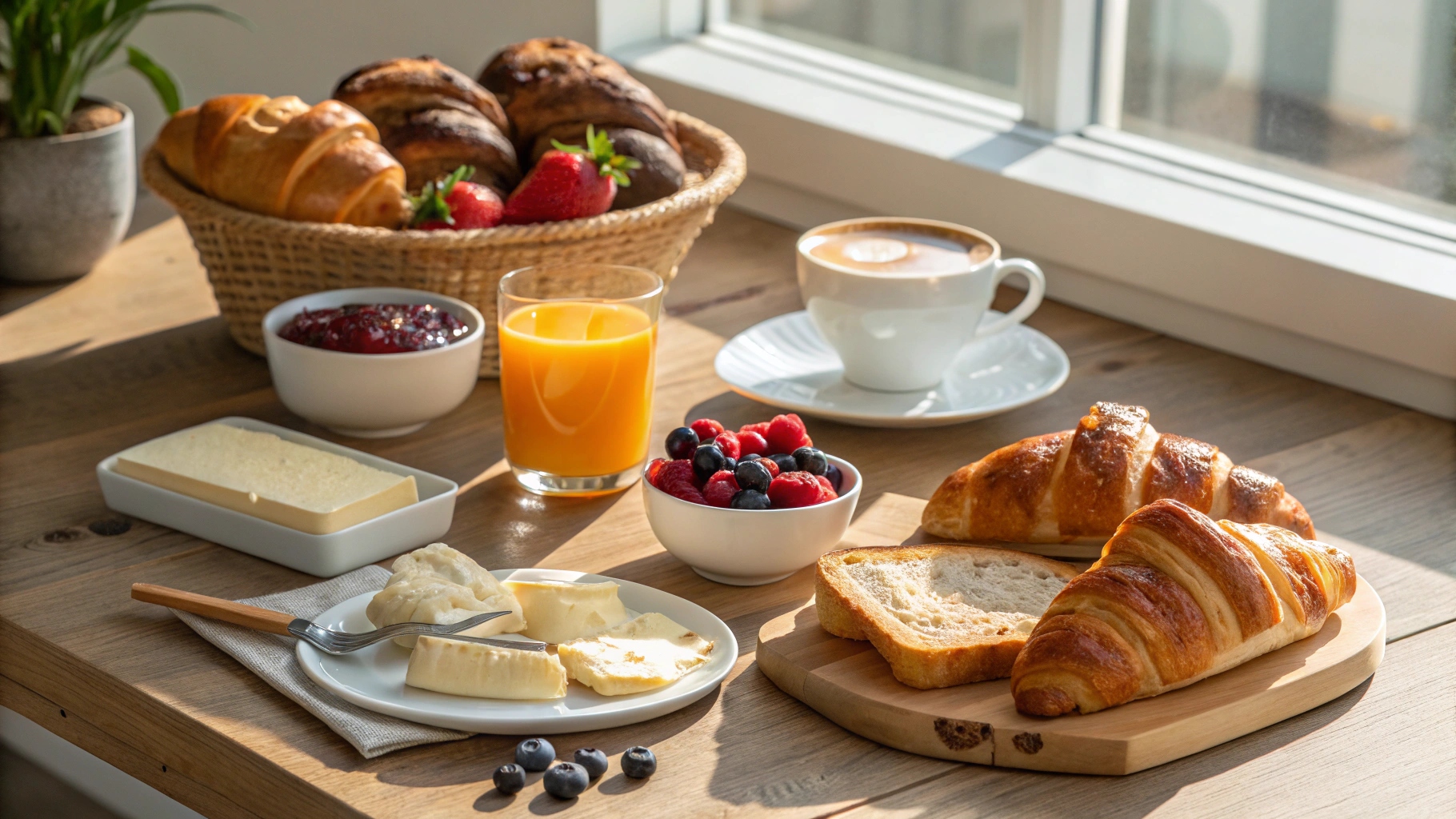 Assorted continental breakfast items on a wooden table What Food is in a Continental Breakfast