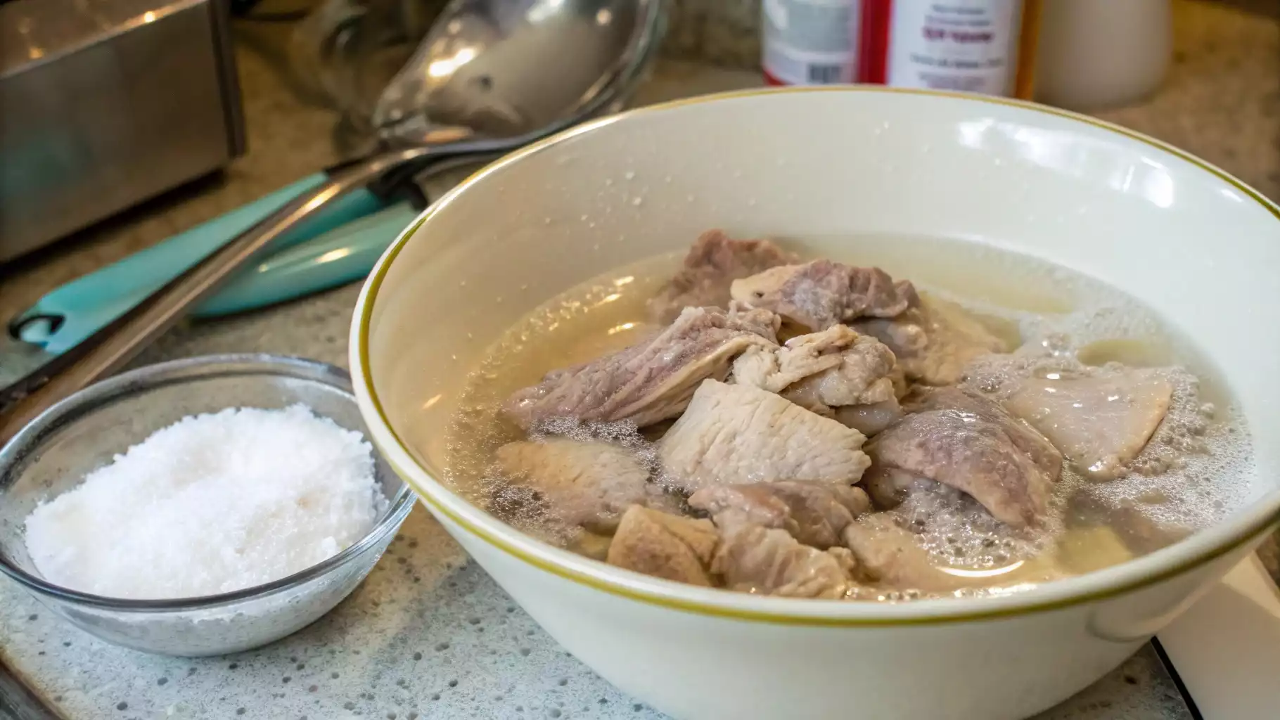 A bowl of freshly cleaned chitterlings with baking soda sprinkled on top, highlighting the cleaning process.