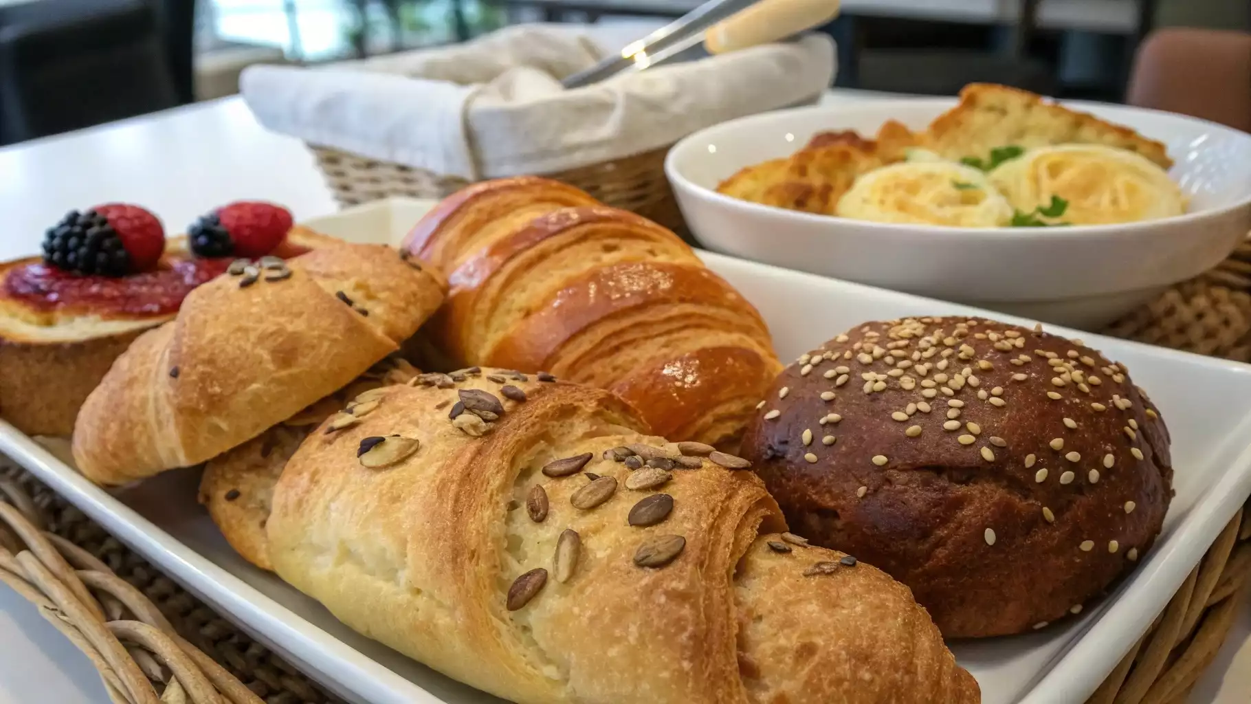 Variety of bread served for continental breakfast including croissants, baguettes, and muffins.