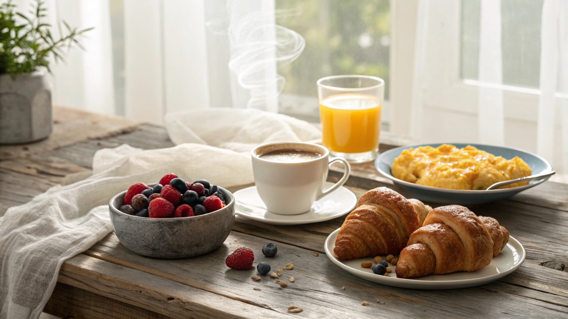 Continental breakfast with pastries, fruits, and coffee served on a wooden table