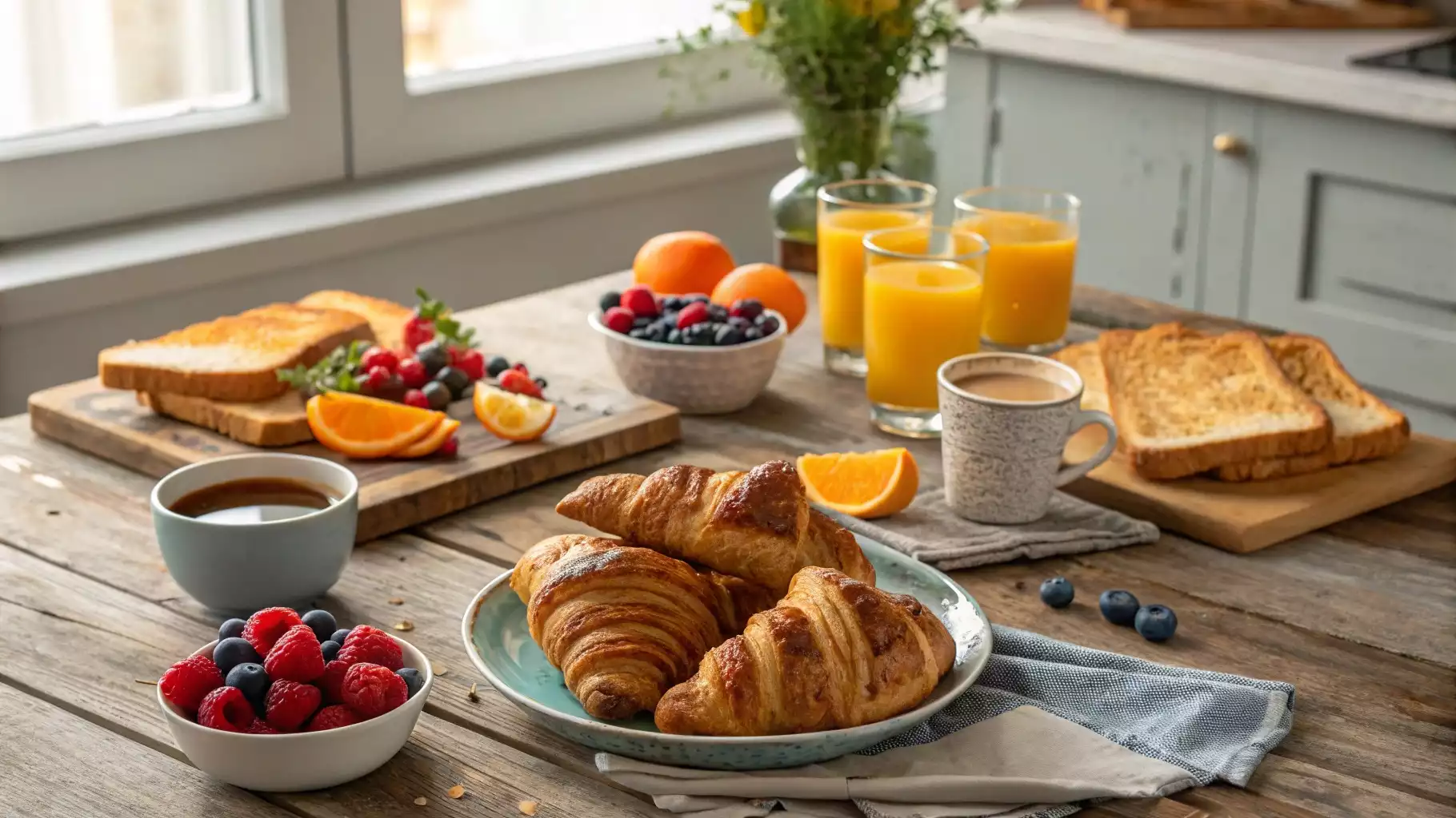 A beautifully arranged continental breakfast with fresh pastries, fruit, coffee, and juice on a rustic wooden table, showcasing the essence of a traditional breakfast.