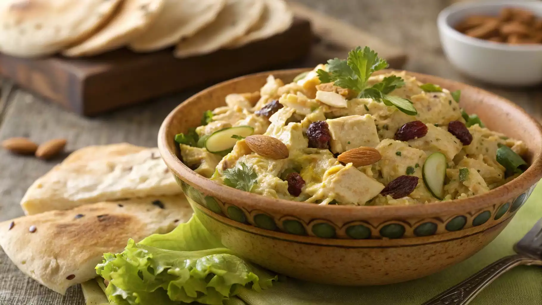 Curry chicken salad with fresh herbs, vibrant vegetables, and natural lighting.