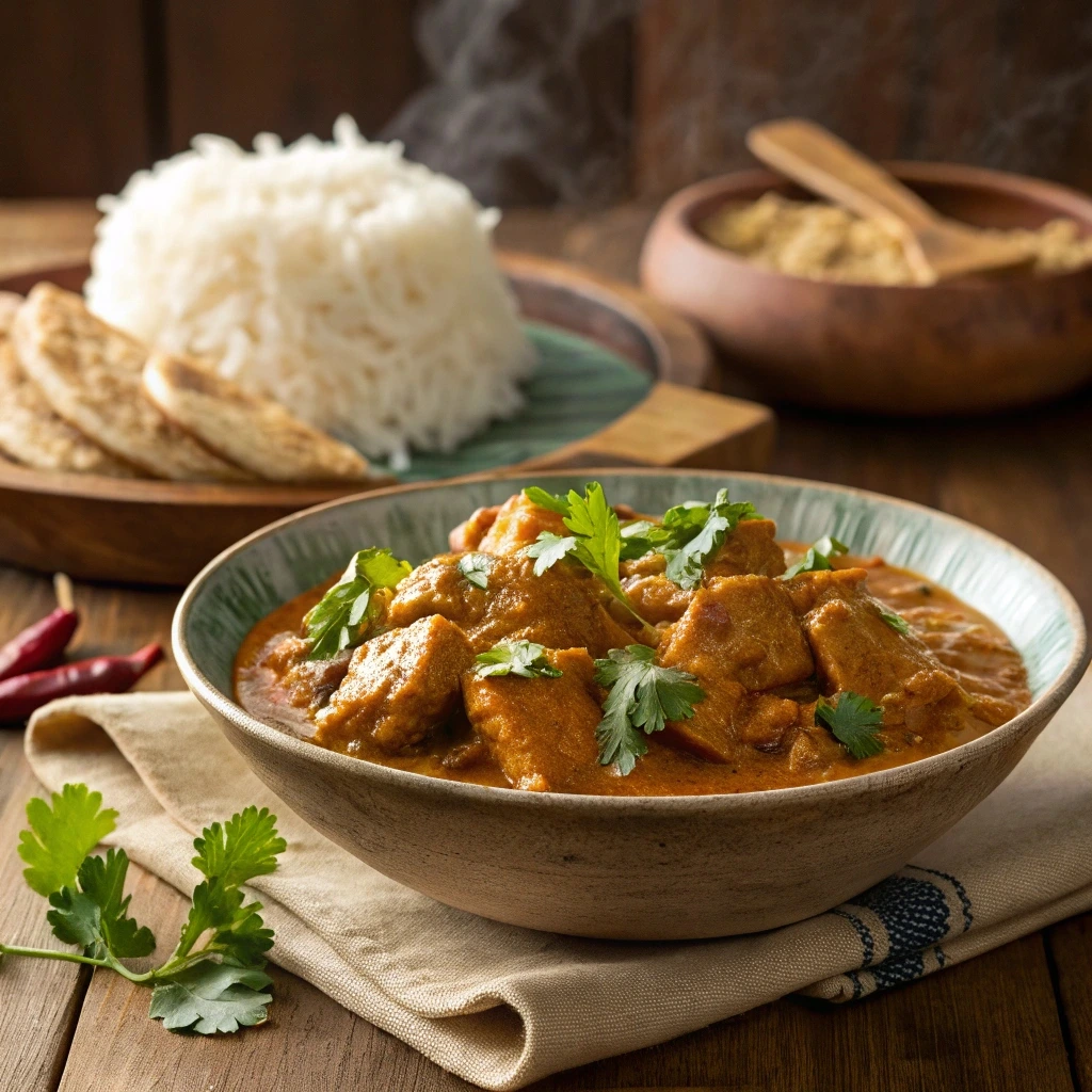 A beautifully plated chicken curry dish with thick gravy, garnished with fresh cilantro