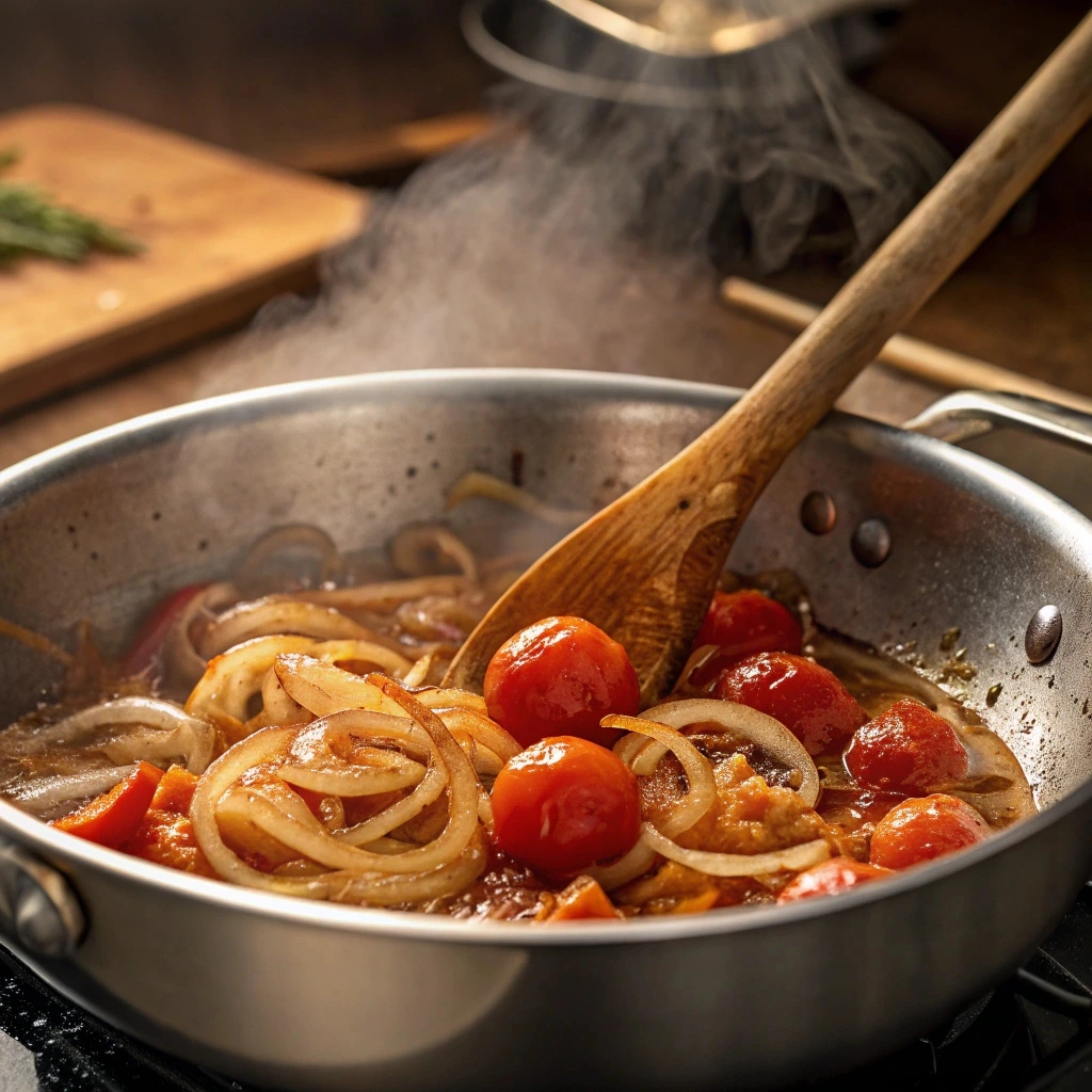  pan with golden-brown onions and tomatoes cooking for a rich curry base.