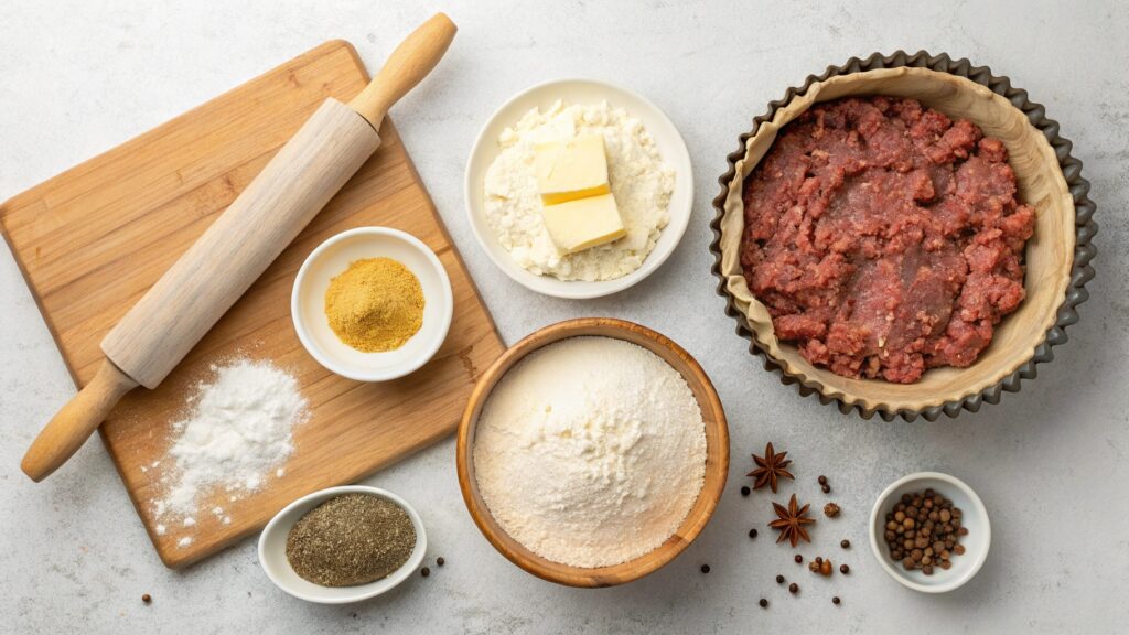 A top-down view of the essential ingredients for making Scotch pies, including minced meat, flour, butter, spices, and pie tins, arranged neatly on a wooden kitchen counter.