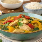 Healthy chicken curry with vegetables and spices in a bowl.