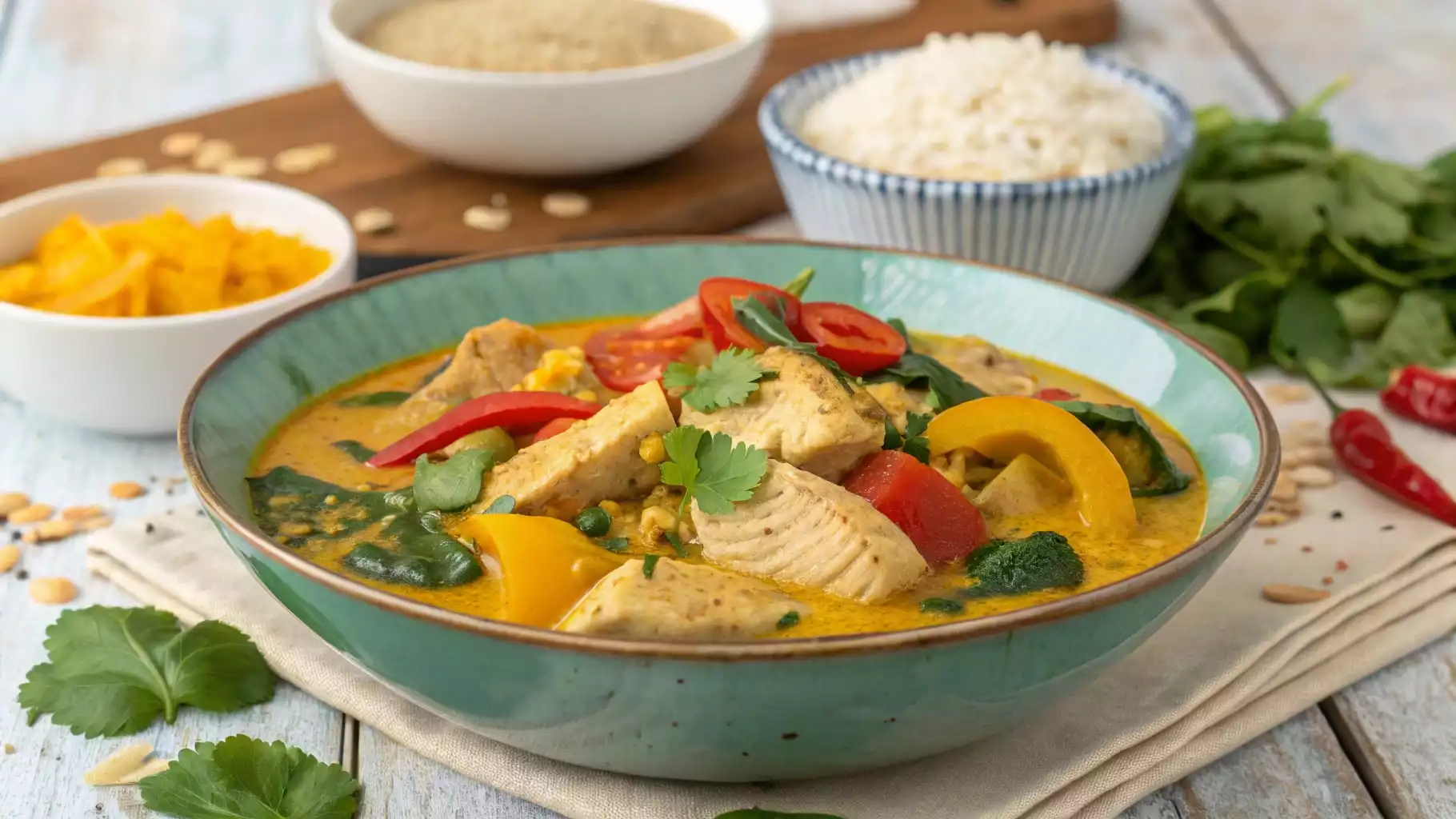 Healthy chicken curry with vegetables and spices in a bowl.