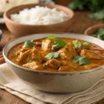 A steaming bowl of chicken curry with rich gravy, served with basmati rice and naan.