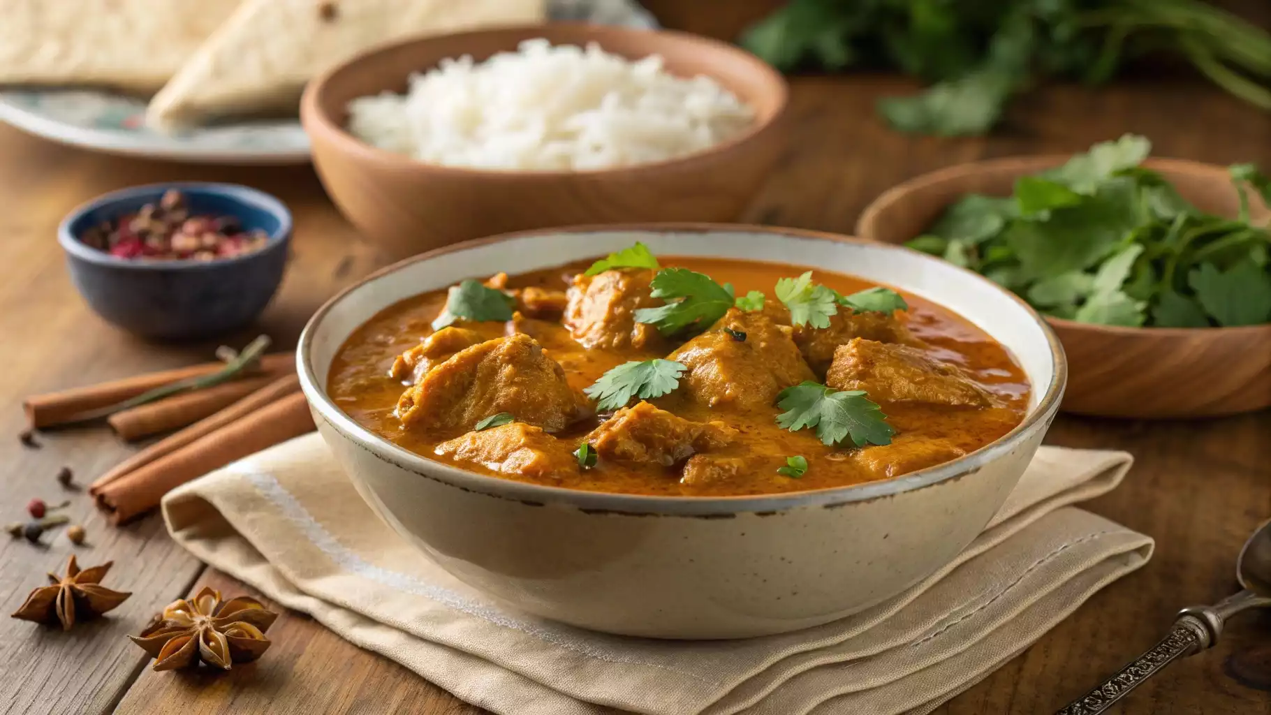 A steaming bowl of chicken curry with rich gravy, served with basmati rice and naan.