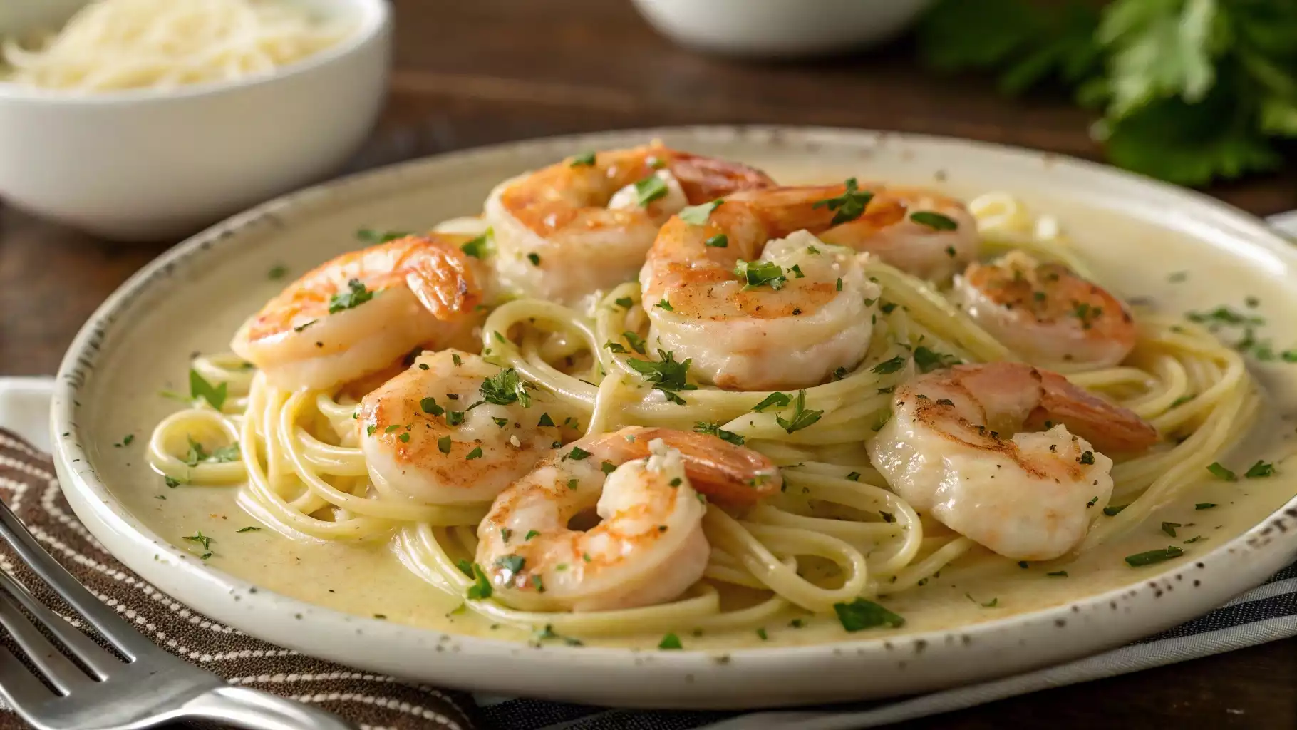 Olive Garden Shrimp Scampi served with pasta and garlic butter sauce