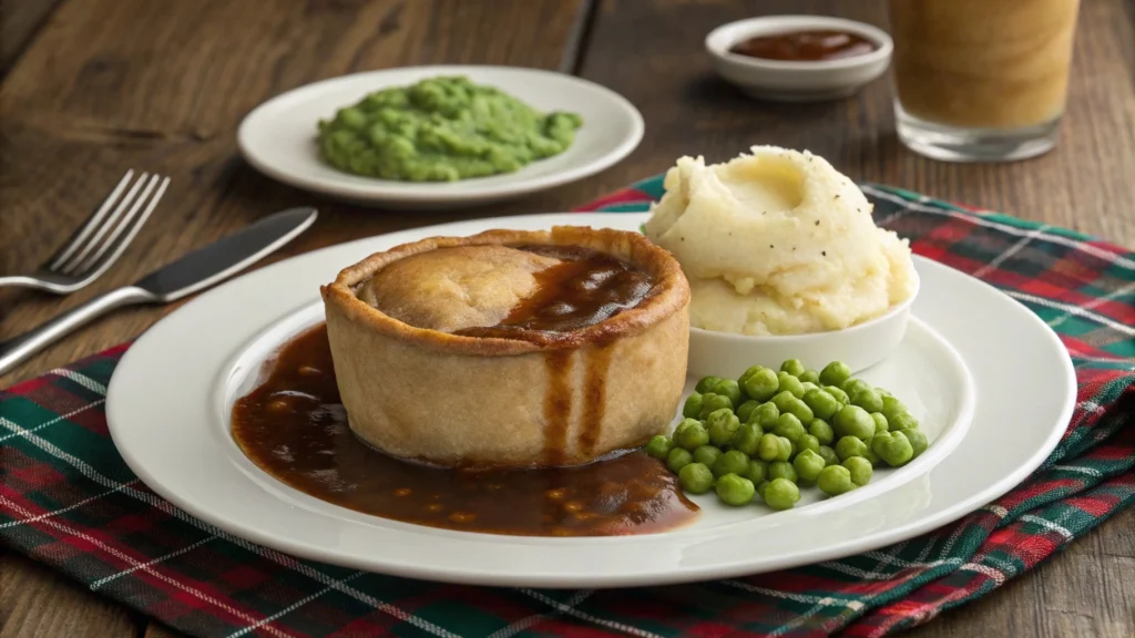 A Scotch pie served with mashed potatoes and peas