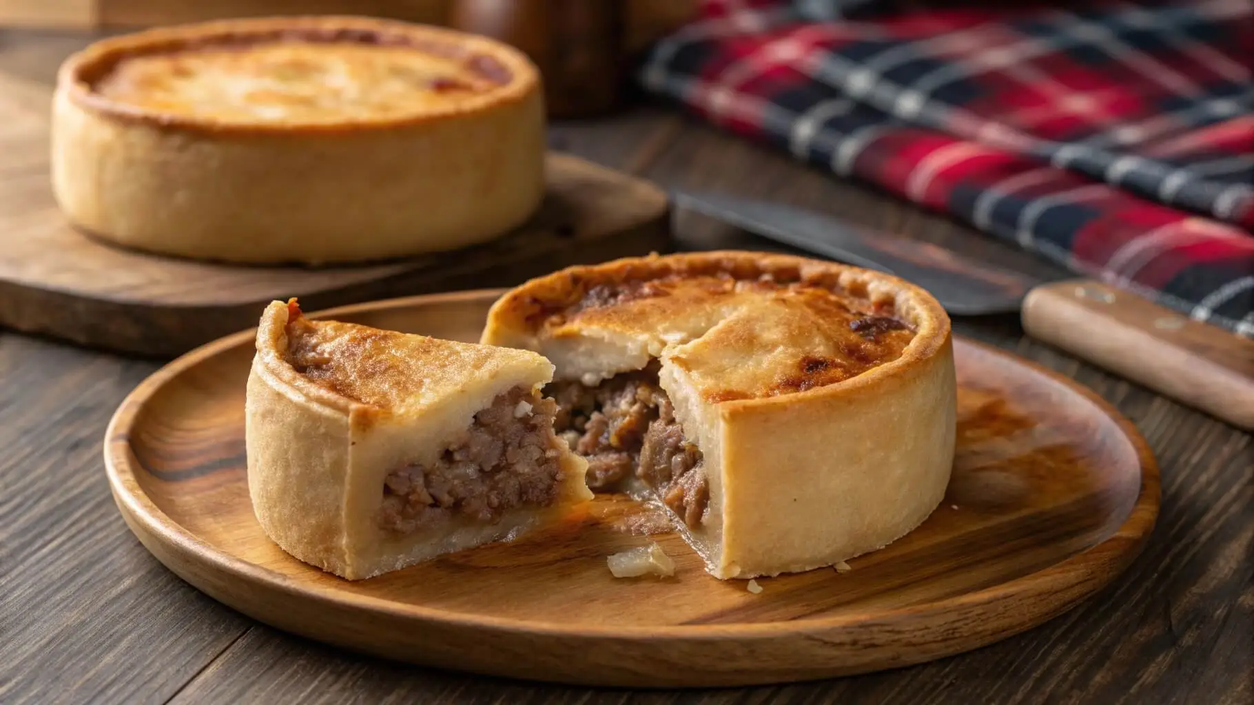 Traditional Scotch pie with a golden crust on a wooden plate