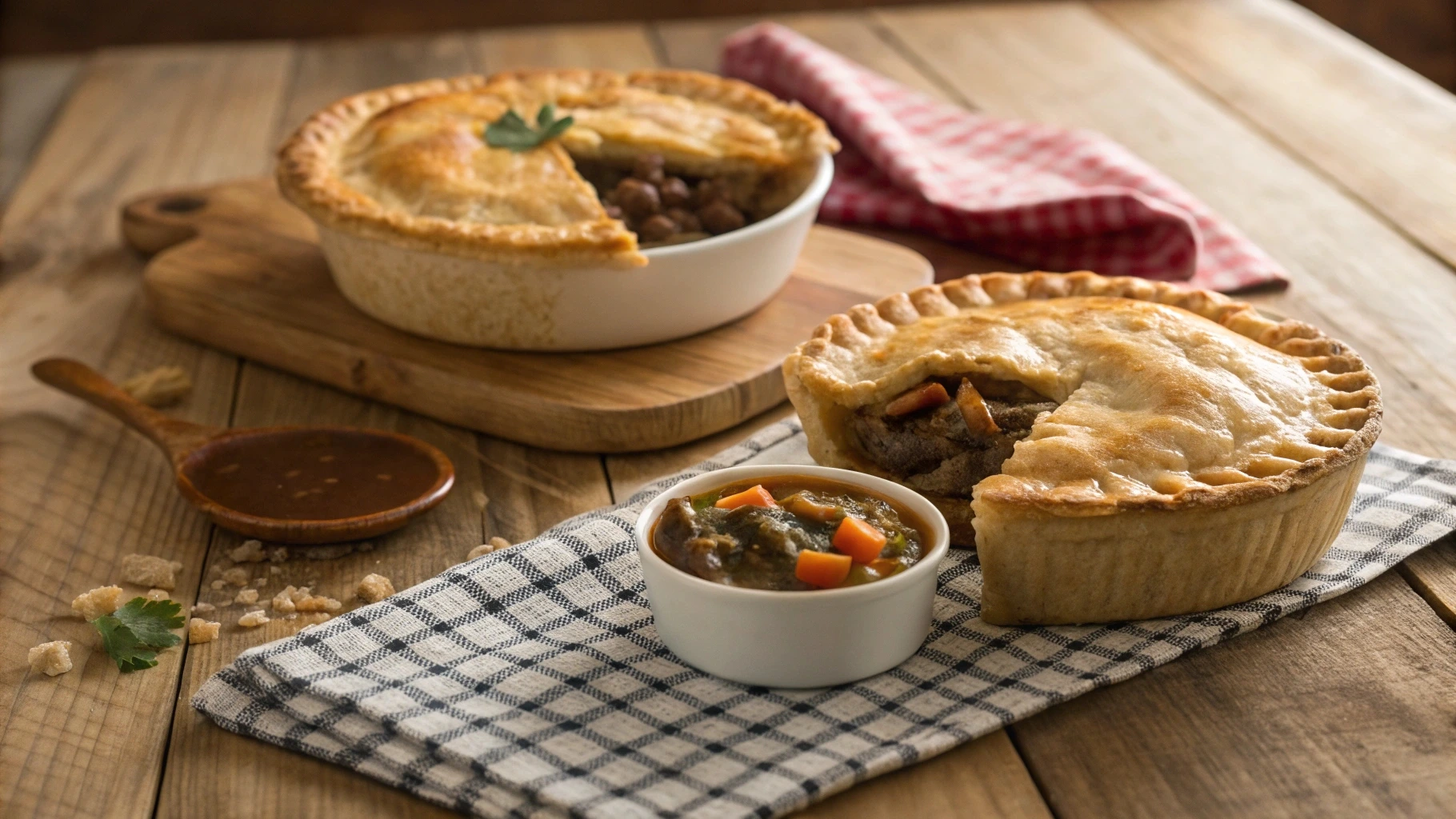 Meat pie vs Scotch pie: A close-up of a traditional Scotch pie next to a classic meat pie.