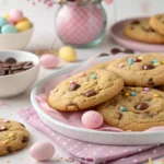 Easter chocolate chip cookies decorated with pastel sprinkles and mini chocolate eggs