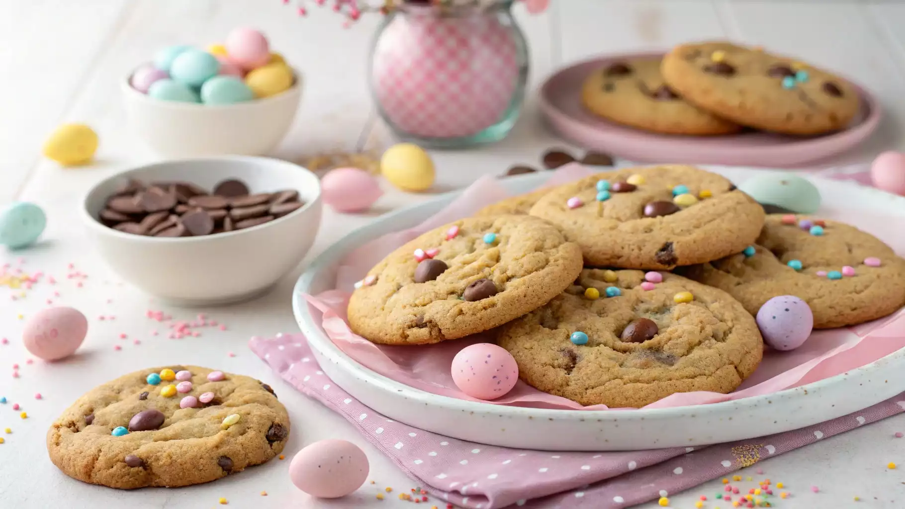 Easter chocolate chip cookies decorated with pastel sprinkles and mini chocolate eggs