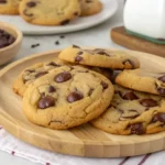 Delicious chocolate chip cookies on a plate, showcasing the perfect balance of melted chocolate chips and golden edges