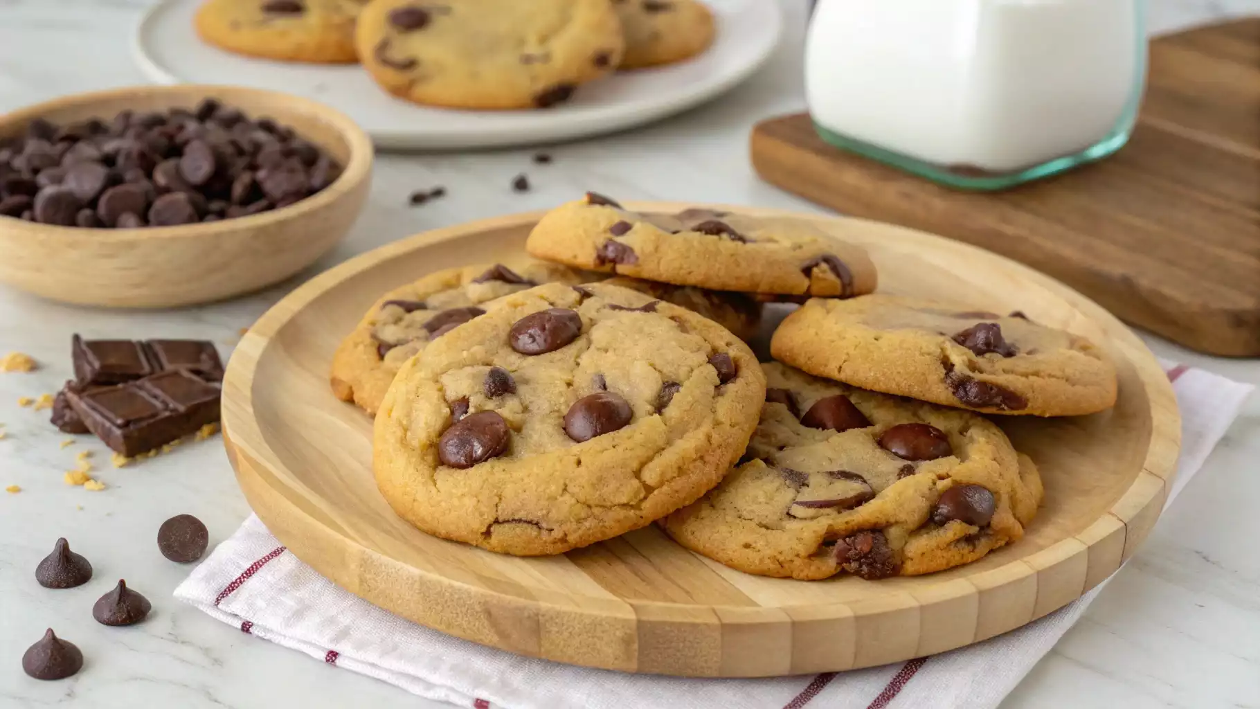 Delicious chocolate chip cookies on a plate, showcasing the perfect balance of melted chocolate chips and golden edges