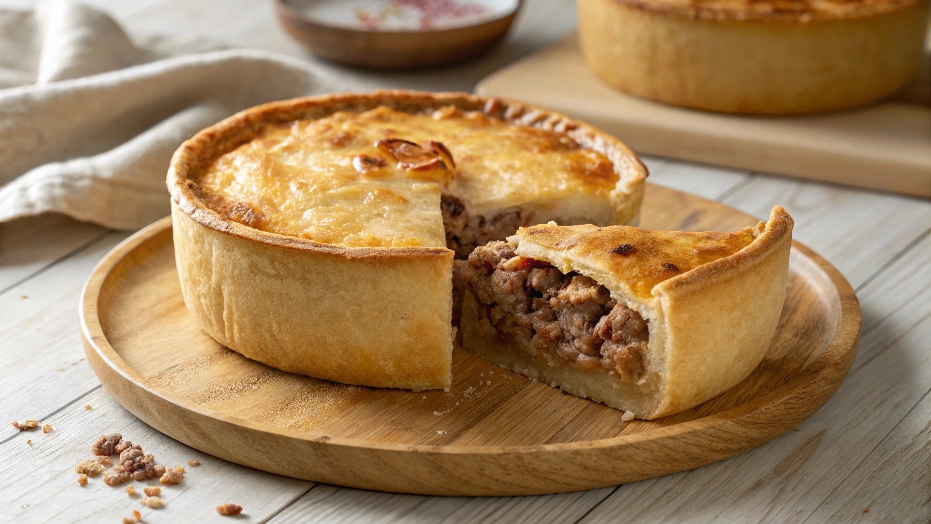 A traditional Scotch pie with a golden, flaky crust and a savory minced meat filling