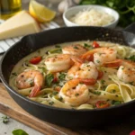 Olive Garden Shrimp Scampi being cooked in a pan with garlic and butter