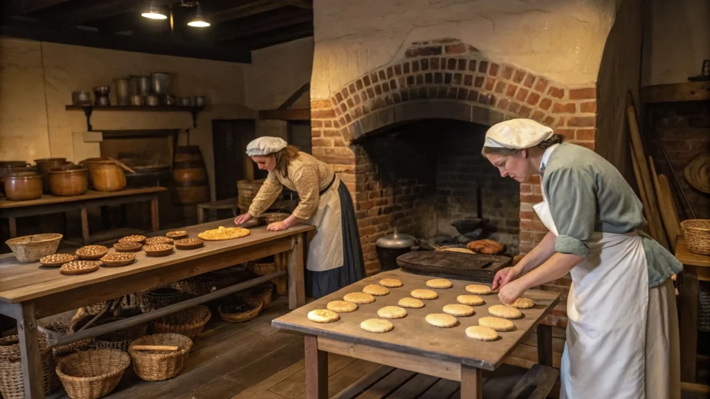 An artistic representation of a historical Scottish bakery from the 18th century, where bakers are making early versions of the Scotch pie