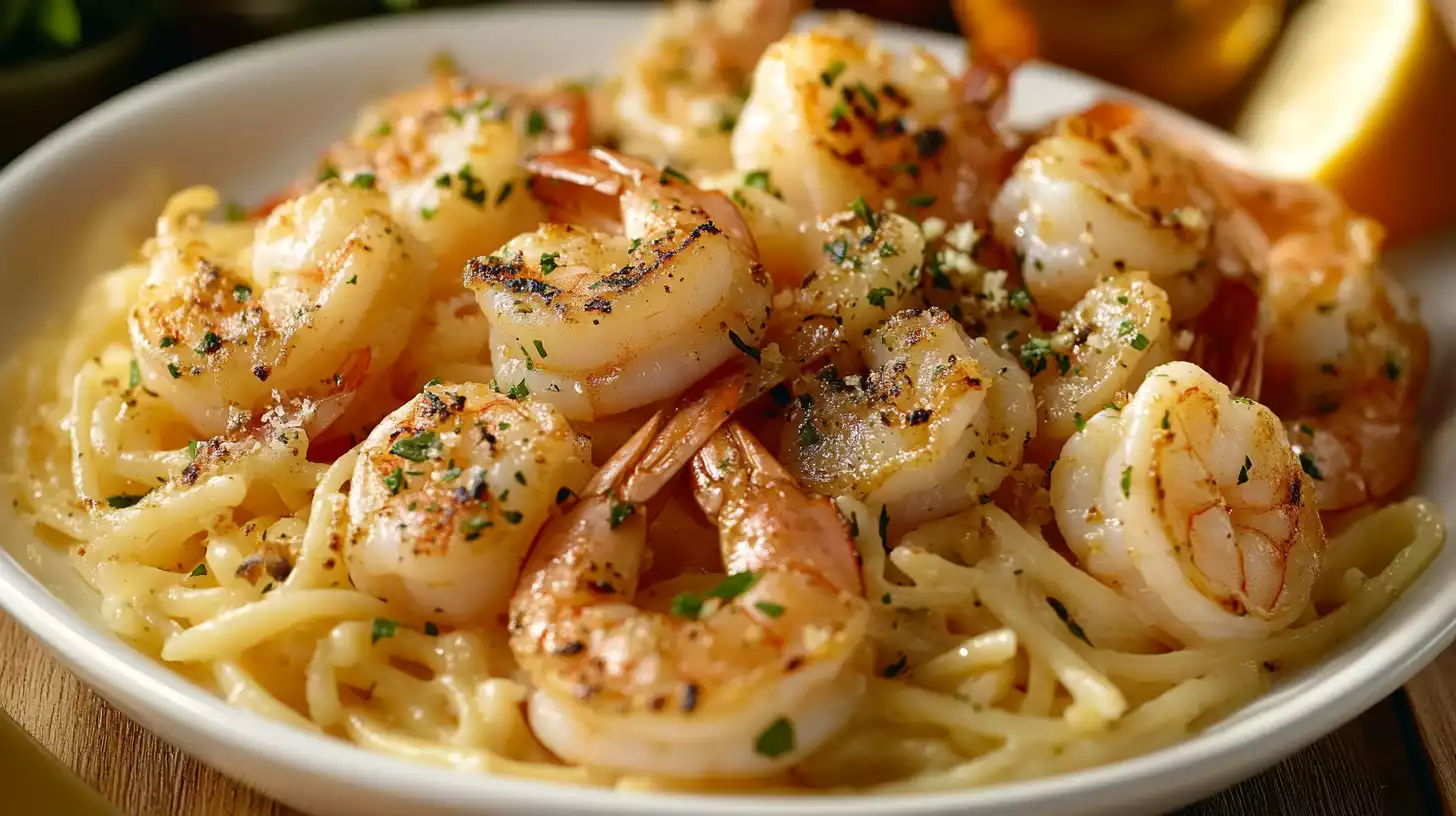 Shrimp scampi at Olive Garden with angel hair pasta and garlic sauce