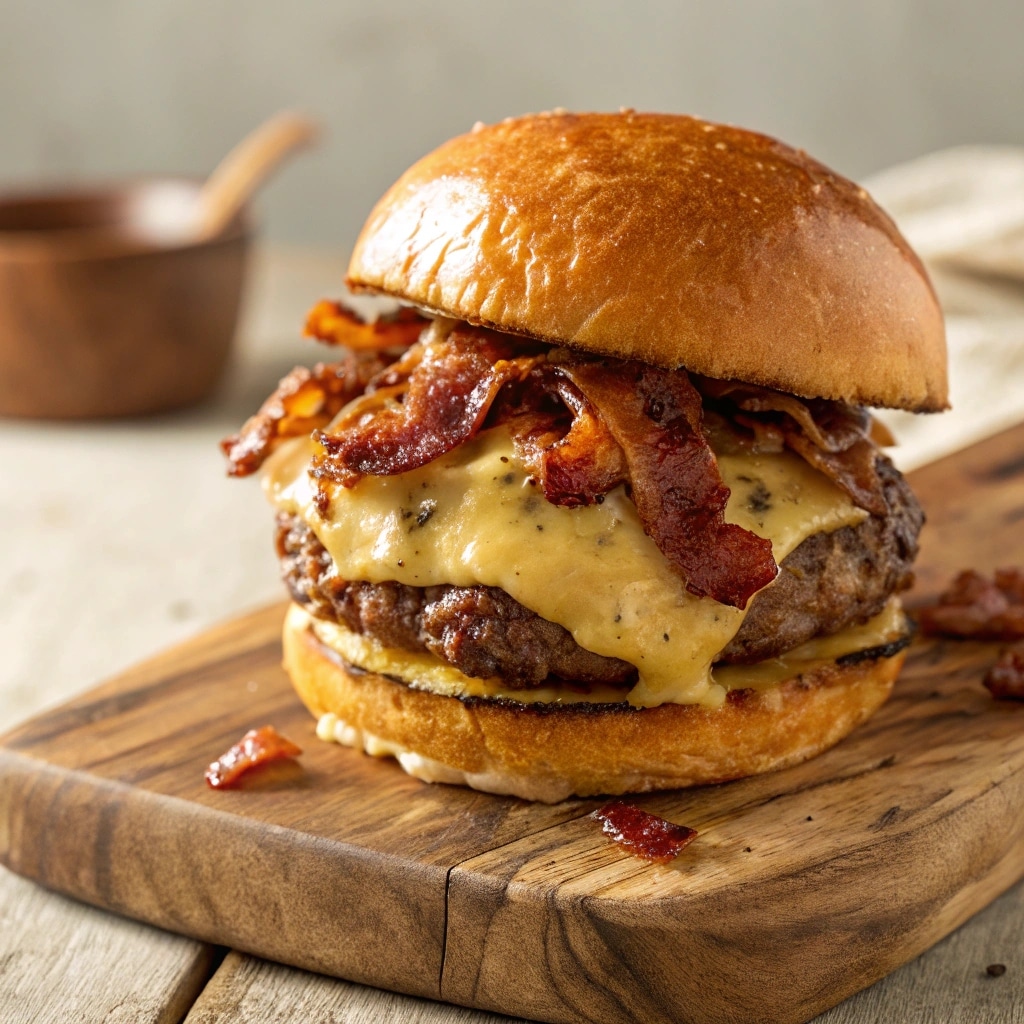 Garlic butter bacon burgers stacked with bacon and cheese