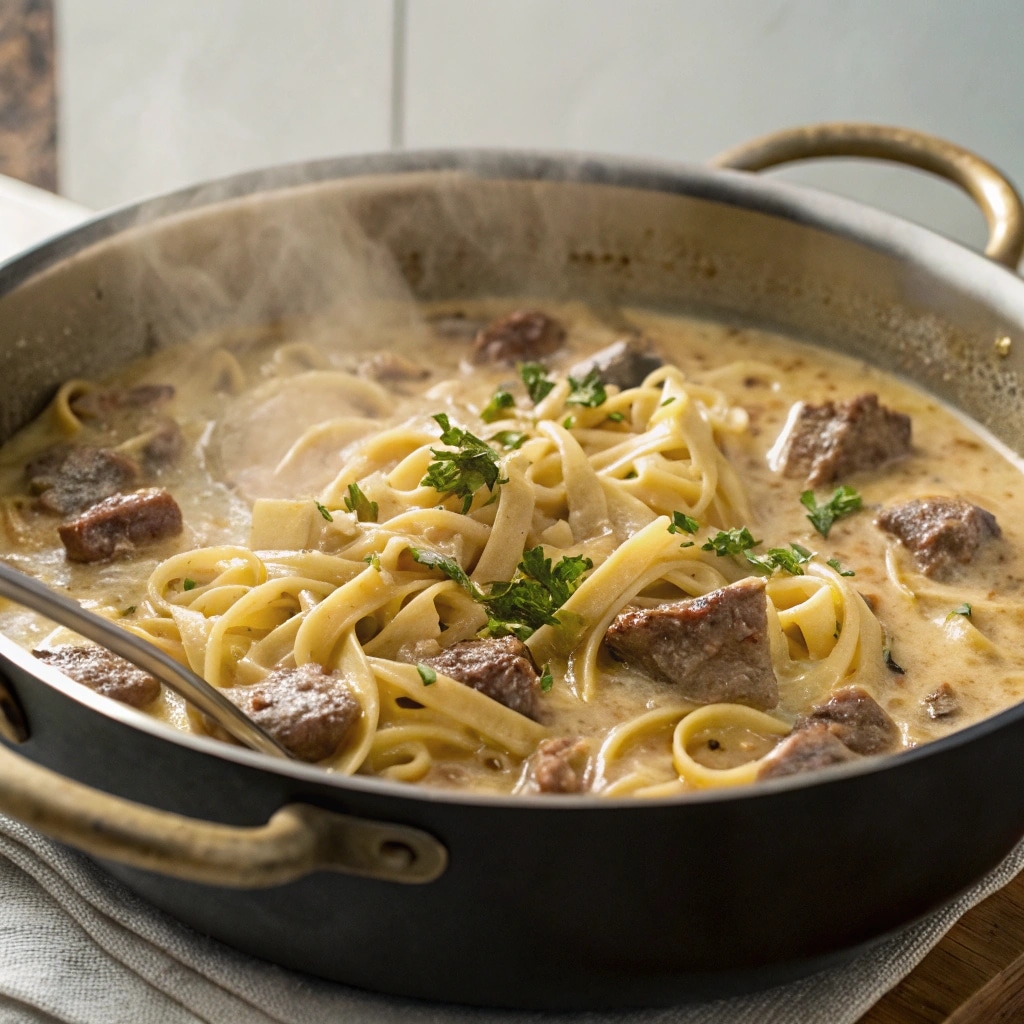 cooking one pot creamy beef and garlic butter pasta in progress