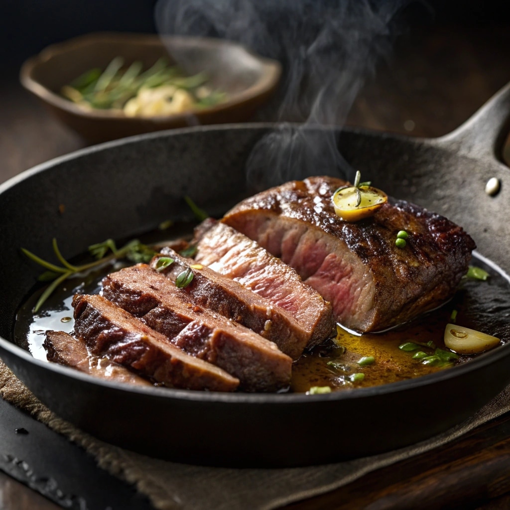 beef strips cooking in garlic butter for pasta