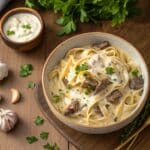 creamy beef and garlic butter pasta served in rustic bowl