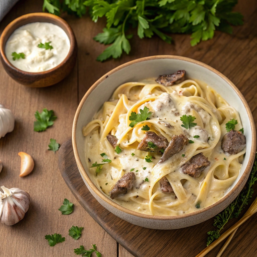 creamy beef and garlic butter pasta served in rustic bowl