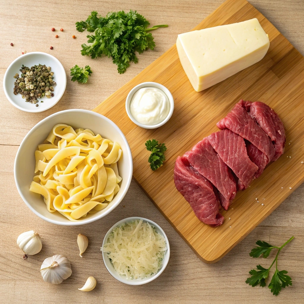 ingredients for creamy beef and garlic butter pasta laid out