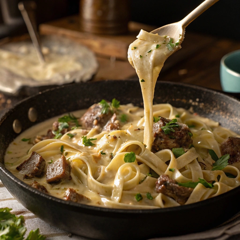 creamy sauce being stirred with beef and pasta