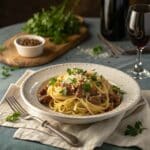 creamy beef garlic butter pasta plated with parsley and parmesan