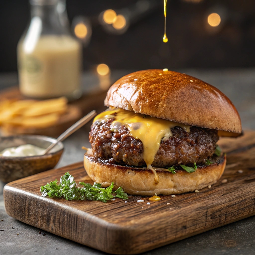 Garlic butter burger with seared beef and melted butter