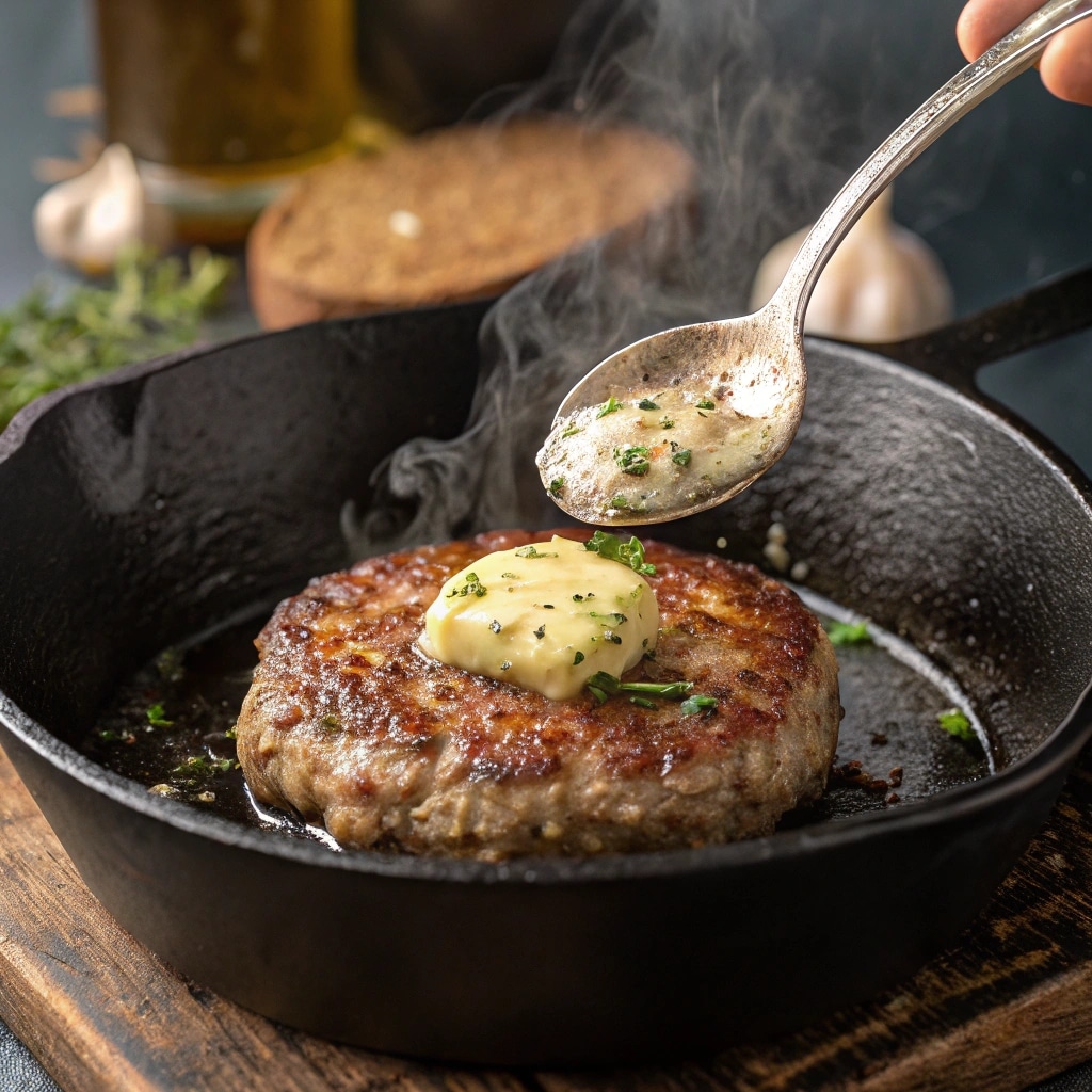 Garlic butter burger patty in skillet while searing
