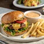 Finished garlic butter burger served with fries