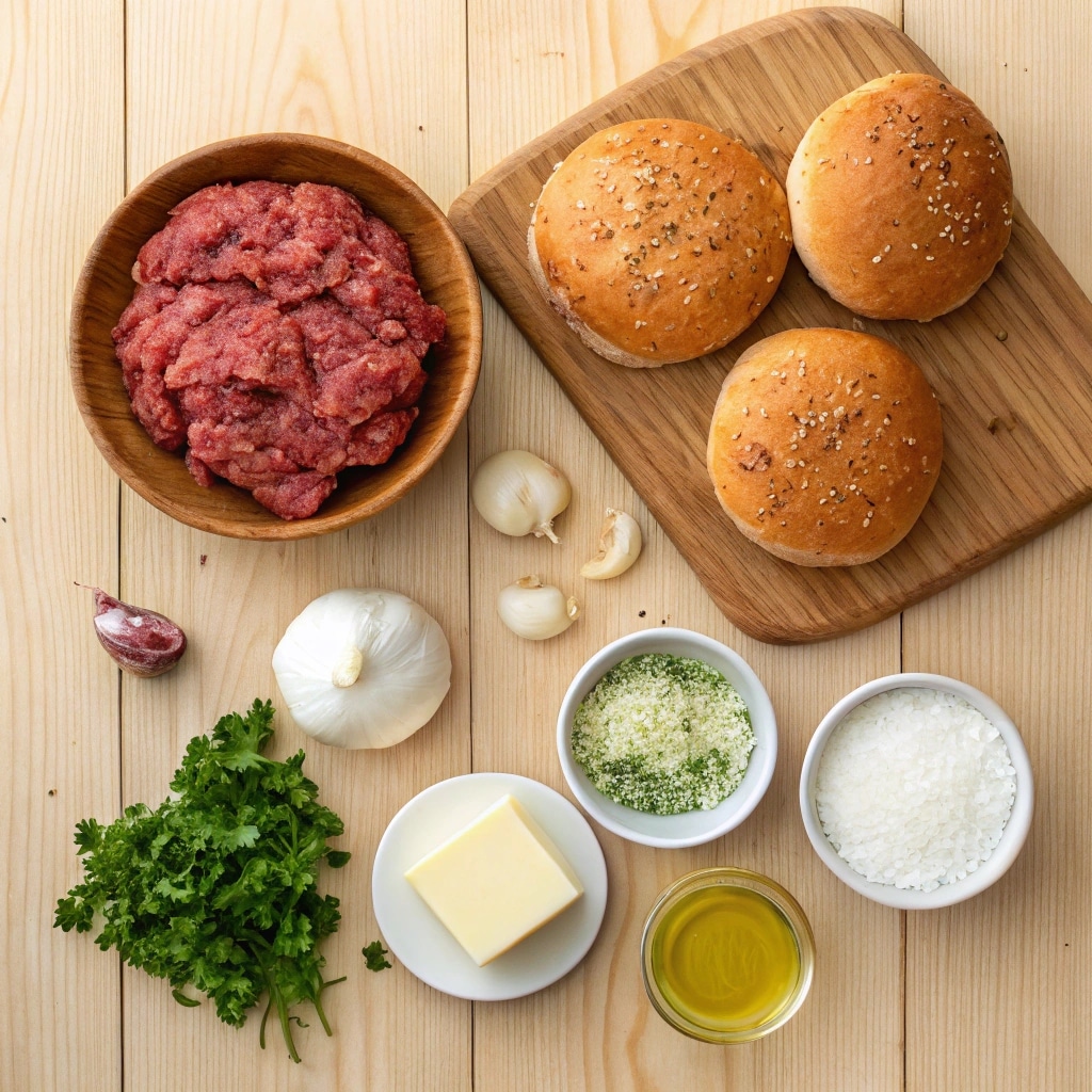 Ingredients for garlic butter burgers arranged flat lay