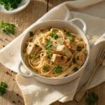 Garlic butter chicken pasta in rustic bowl