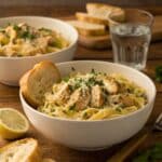 Served garlic butter chicken pasta with garlic bread