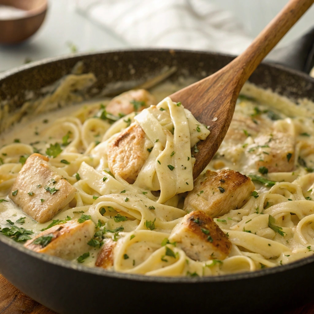 Pasta mixed with garlic butter chicken sauce