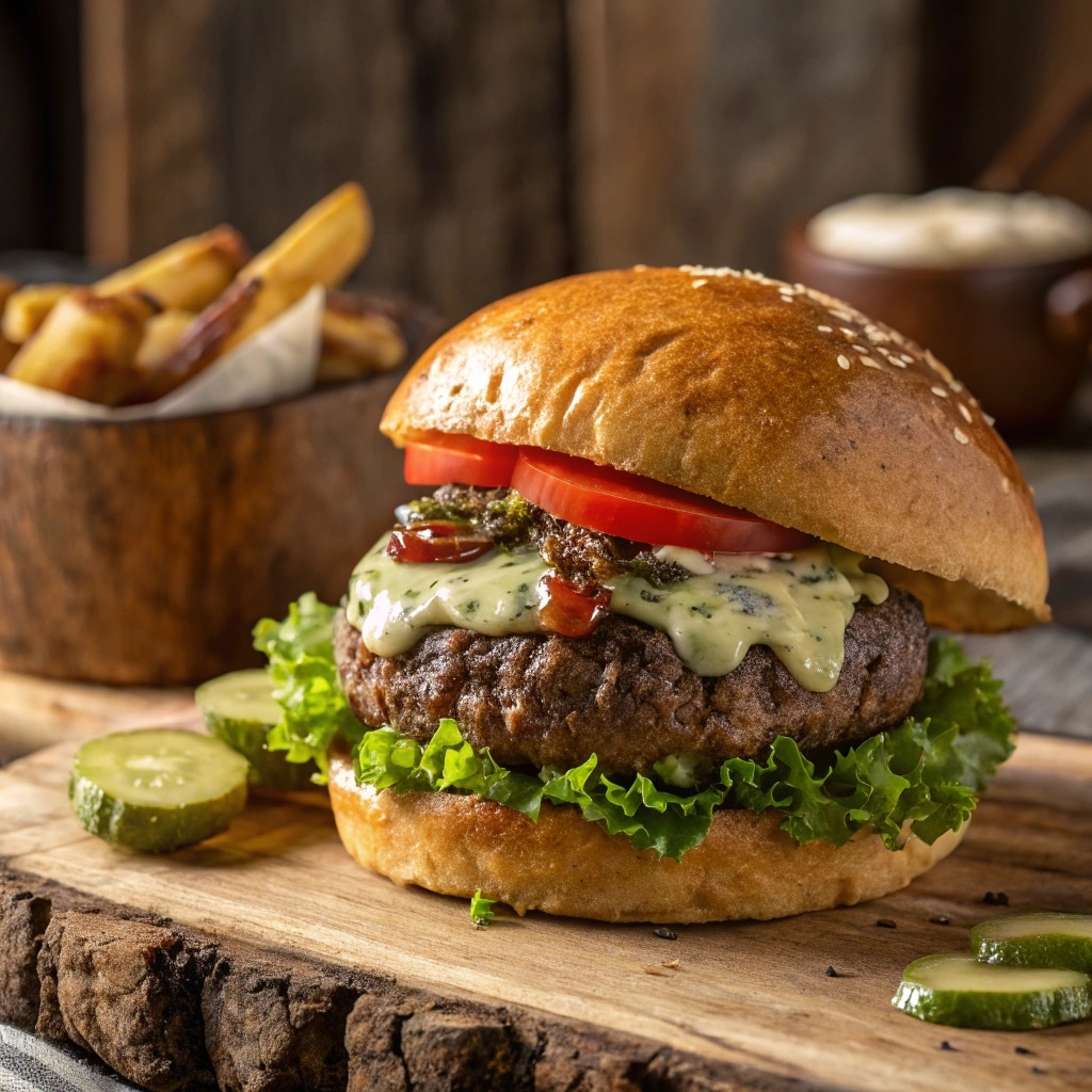 Garlic butter melting on top of a grilled burger