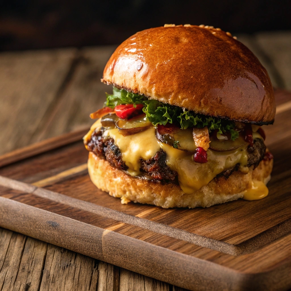Garlic butter smash burger with golden bun and toppings